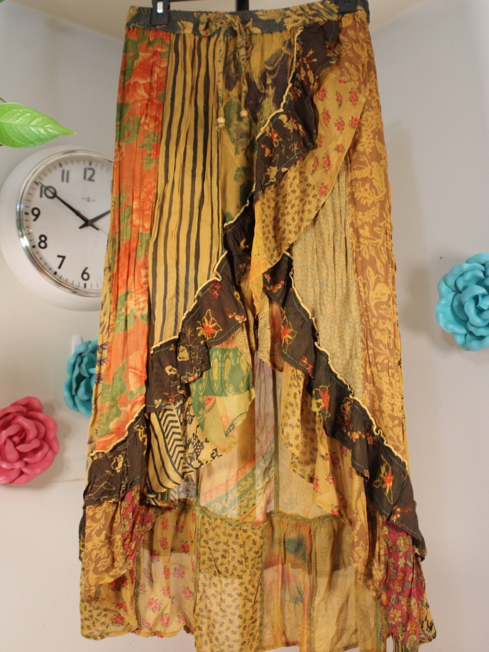 Young Threads Patchwork Boho Maxi Skirt L NWT